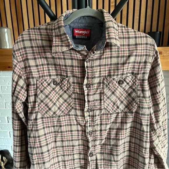 Vintage Wrangler Originals Shirt - Men’s Medium, Tan Brown & Red Plaid - Picture 2 of 4